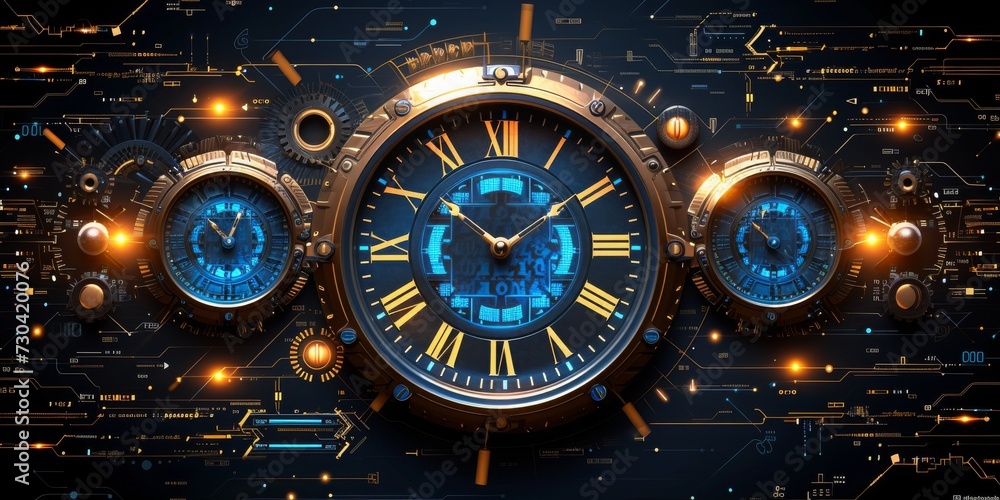 Poster Chronometric Precision: A Futuristic Digital Clock Integrated with Glowing Neon Circuitry, Symbolizing the Intersection of Time and Technology, Generative AI