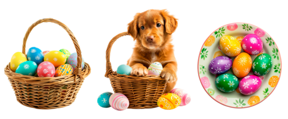 Easter set. Painted eggs in a wooden basket. Easter colorful eggs in a ceramic plate. Cute puppy sitting in a basket. Isolated on a transparent background.