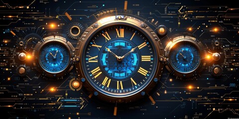 Chronometric Precision: A Futuristic Digital Clock Integrated with Glowing Neon Circuitry, Symbolizing the Intersection of Time and Technology, Generative AI