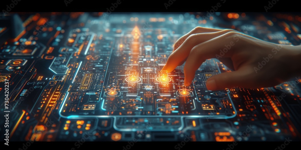 Poster Embracing the Future: A Businessman Interacts with a Holographic Digital Interface of Data and Innovation, Generative AI