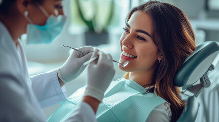 Dentist examining female patient's smile and mouth during appointment.