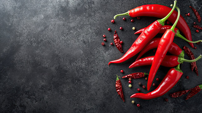 Red hot chili peppers on dark background. Top view and copy spacae.