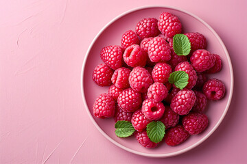Fresh raspberries with mint leaves on a pink plate. Close-up studio photography with a pink textured background. Design for menu, food blog, banner. Flat lay composition with copy space - Powered by Adobe