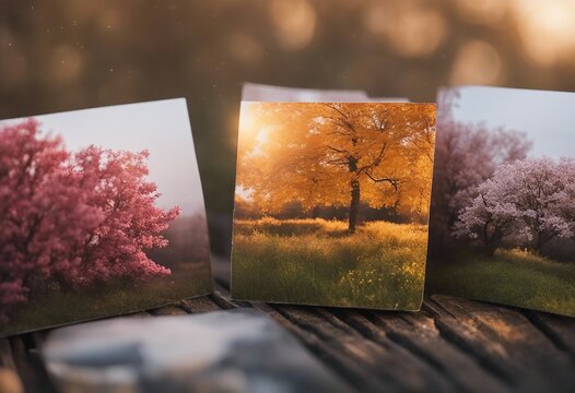 Square Handmade Paper with Nature Pictures or Images on Wooden Table Outdoor