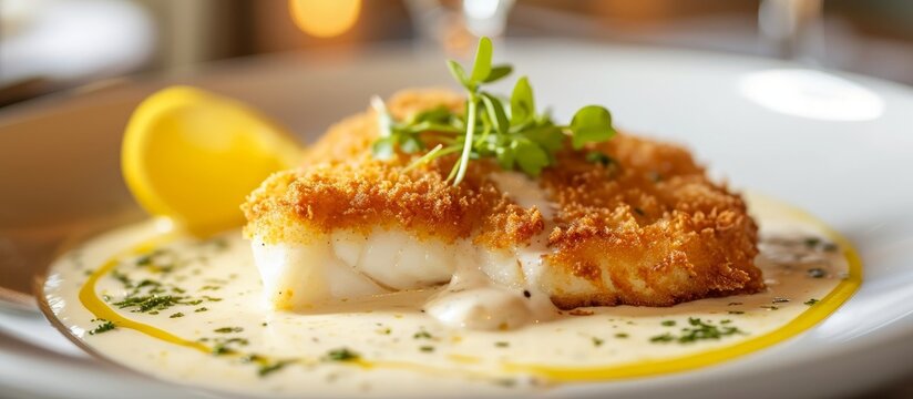 Fried cod fillet with cream sauce and lemon, served on a table.