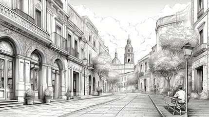 A street in the old European town. Sketch illustration for coloring book.