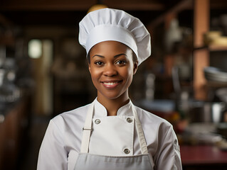 An african american female chef smiling at the camera. Culinary concept art.  - obrazy, fototapety, plakaty