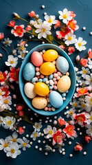 Fototapeta na wymiar Colorful easter eggs and flowers on blue background. Top view with copy space. Greeting card on an Easter theme. Happy Easter concept.