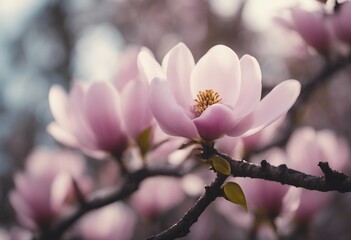 Beautiful magnolias with branches in nature