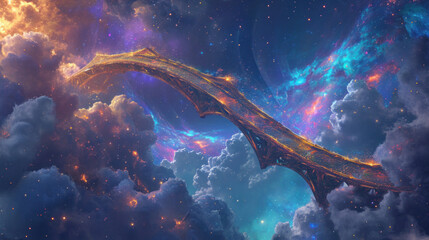 Majestic dragon soaring through vibrant celestial dreamscape. Fantasy and imagination. - obrazy, fototapety, plakaty