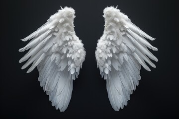 Angel wings isolated on the black background, fantasy feather wings for fashion design, cosplay and dress up party