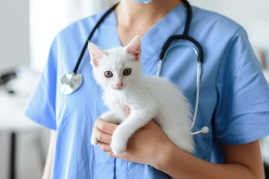 A veterinarian in a blue uniform gently cradles a white domestic cat with heterochromia, symbolizing professional pet care..