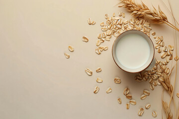 Oat milk in a ceramic bowl with whole grain oats and wheat ears on a beige background. Vegan milk alternative concept with copy space for design and print