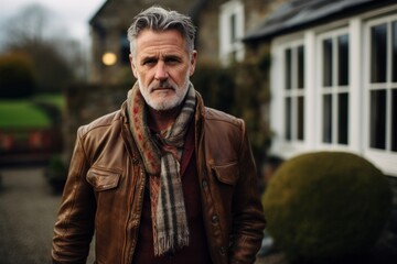 Portrait of a stylish senior man with a gray beard wearing a brown leather jacket and a scarf standing outside in the countryside.