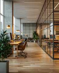 Empty modern bright open space business office with wooden furniture, computers, glass walls, plants is flooded with sunlight
