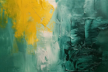 Textured oil painting on canvas, deep green and yellow acrylic paint strokes, spots and brushstrokes create with depth and movement