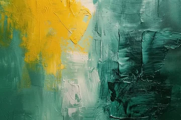 Fotobehang Textured oil painting on canvas, deep green and yellow acrylic paint strokes, spots and brushstrokes create with depth and movement © Balica