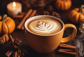 Mug Ceramic Pumpkin Spice Latte with Cinnamon Stick for Thanksgiving Enjoyment and Relaxation during Holiday. Autumn Holiday Concept