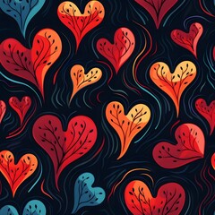 Seamless pattern with red and orange hearts on dark blue background.