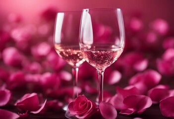 Pink Rose Petals and Two Glasses of Wine for Roomantic Evening