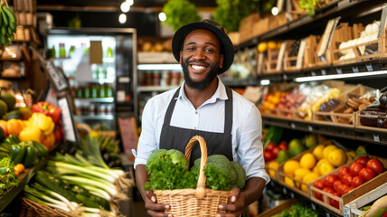 Family business. Owner of local grocery store standing inside his shop with straw basket full of fresh produce