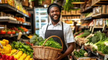 Family business. Owner of local grocery store standing inside his shop with straw basket full of fresh produce - obrazy, fototapety, plakaty