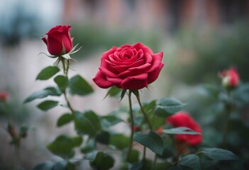 Rose with Stem Red Flower and Rosebud in Garden