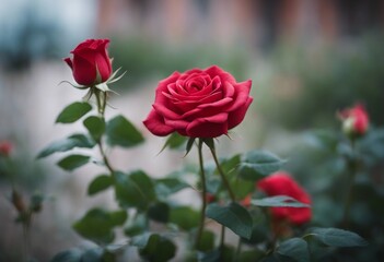 Rose with Stem Red Flower and Rosebud in Garden