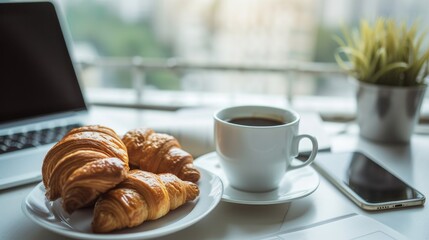 A serene business break captured with a cup of coffee, fresh croissants, and a mobile phone, symbolizing a blend of relaxation and connectivity.
