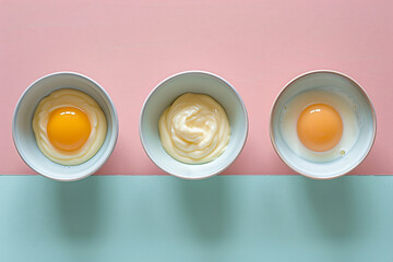 Raw egg, mayonnaise, and egg yolk in white bowls on a dual pink and blue background. Food ingredient and preparation concept with flat lay composition for design and print - obrazy, fototapety, plakaty