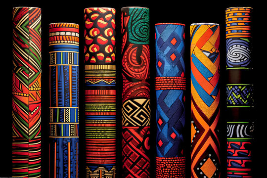 An array of fabric rolls adorned with intricate and colorful African designs