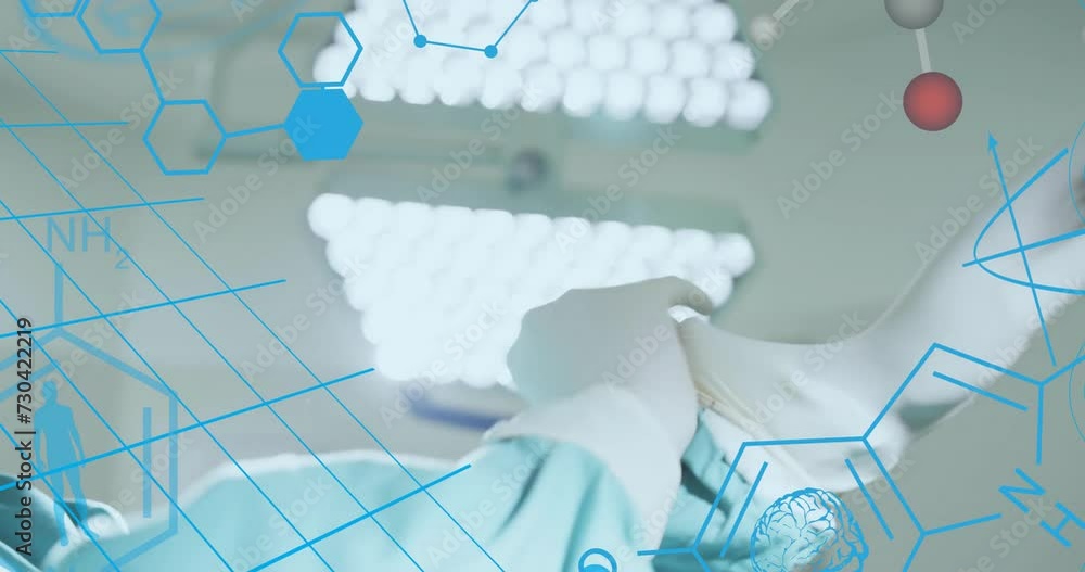 Aufkleber animation of element structures surgeon putting on gloves in operating theatre