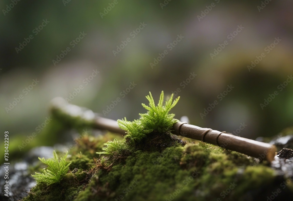 Poster Small wooden stick closeup with green moss