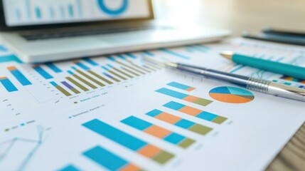 An array of business graphs and charts spread out on a table, vividly illustrating the concept of financial development