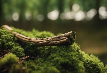 Small Wooden Stick with Moss Close Up with Blurred Forest in Background - obrazy, fototapety, plakaty