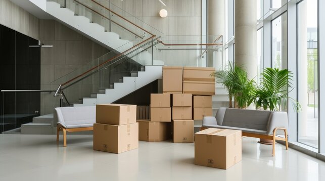 scene of transition and change, featuring cardboard boxes and furniture arranged near stairs in an office