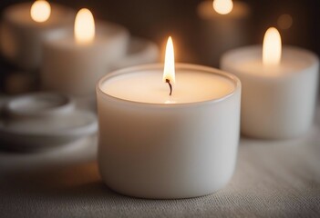 Fototapeta na wymiar White Candle Ceramic Lit Angled Night Romance 