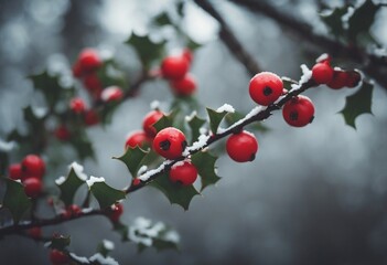 Winter Holly Branch on a Blurred Nature Background - obrazy, fototapety, plakaty