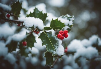Winter Holly Branch with Frozen Berry in Snow - obrazy, fototapety, plakaty