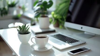 detailed view of a white work desk, neatly arranged with a laptop computer