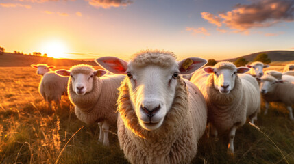 Closeup of a sheep with sheep herd in the field in the warming light of sunrise.