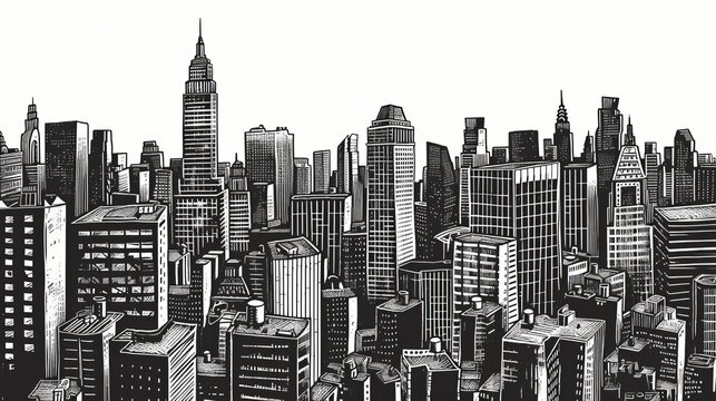 hand-drawn vector illustration of a cityscape, capturing the essence of urban life with artistic flair and detail