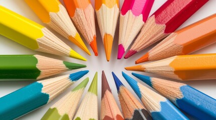 Naklejka premium Color pencils in arrange in color wheel colors on white background --ar 16:9 --v 6 Job ID: e6e5fa3f-e7f0-497b-a432-808f0246e7ad