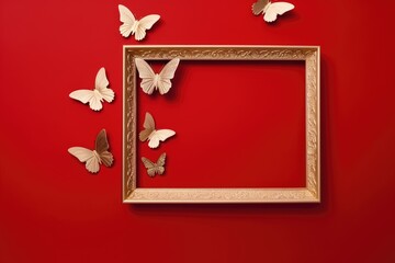 Empty gold picture frame with butterfly on red background. Flat lay top view. Romantic Valentines day composition, copy space, Valentine's day, Mother's day, Women's Day and love concept