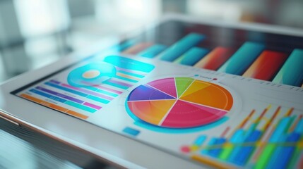 Diagram analysis with many colorful charts on a tablet computer