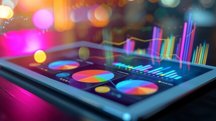 Diagram analysis with many colorful charts on a tablet computer