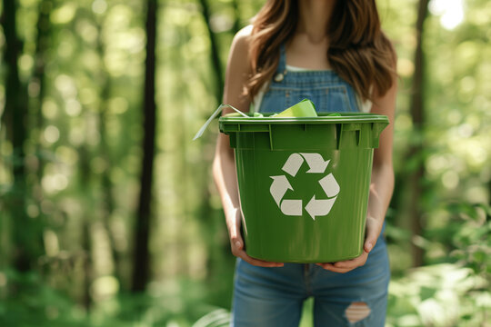 A girl holding a recicling bin against the background of a green forest.