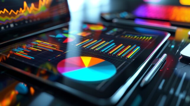 Diagram analysis with many colorful charts on a tablet computer