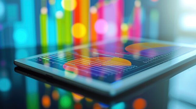 Diagram analysis with many colorful charts on a tablet computer