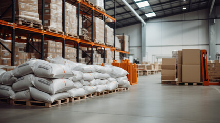 Hangar warehouse with big white polyethylene bags of industrial and logistics companies. Warehousing on floor - obrazy, fototapety, plakaty